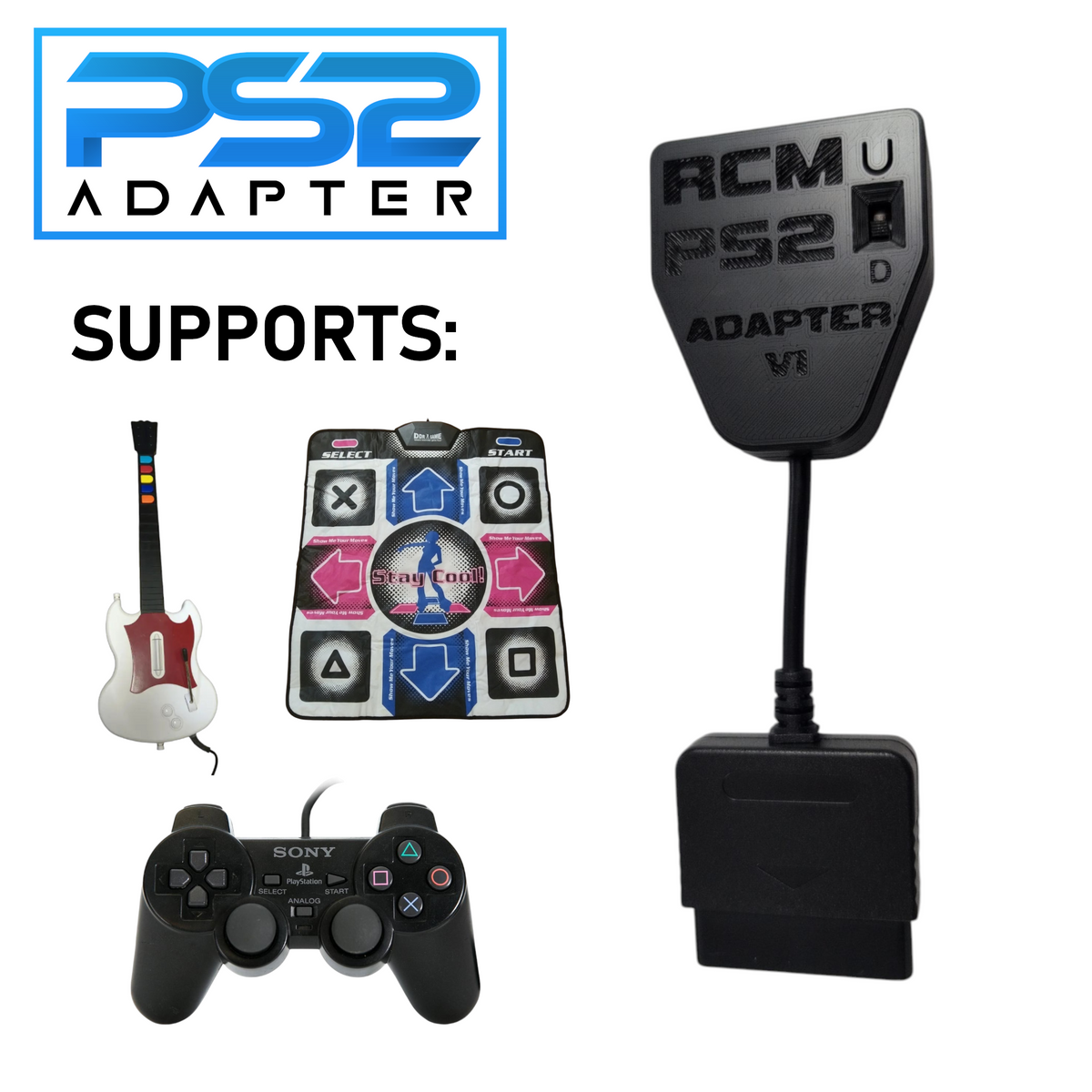 PS2 to USB Adapter for Guitar, Drum, Dancepad, and Gamepad Controllers ...